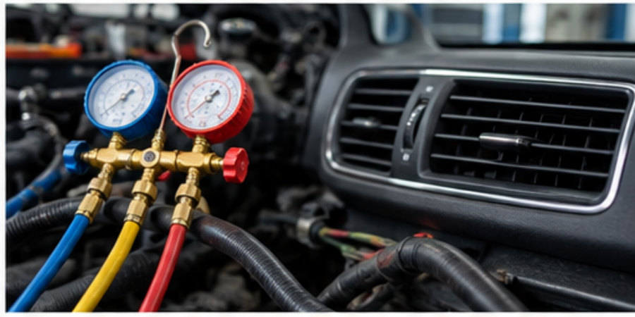 Automotive air conditioning service gauges connected near vehicle vents