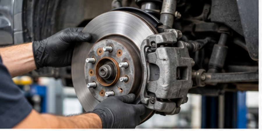 Brake rotor and caliper being inspected in an auto repair shop