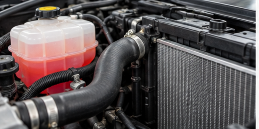 Radiator, coolant reservoir and cooling system hoses under the hood