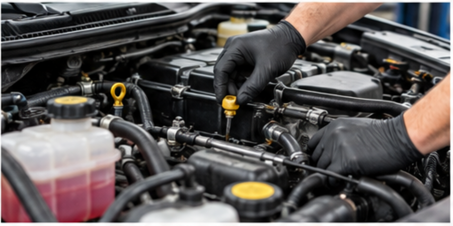 Technician inspecting fluids, belts and hoses under the hood