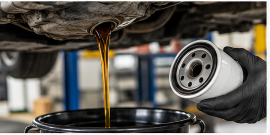Oil draining during an oil change with a new oil filter ready