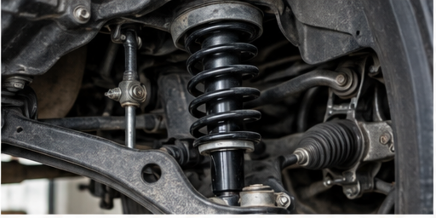 Shock, strut and suspension components under a vehicle